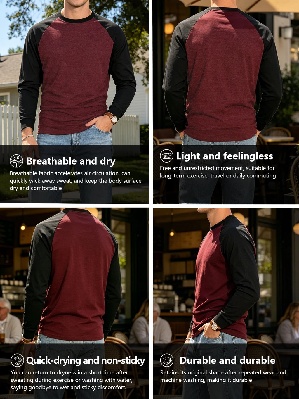 Mens Baseball Shirt Casual Breathable Raglan Long Sleeve Crewneck Patchwork T-Shirt Lightweight Vintage Fitness Sports Tops