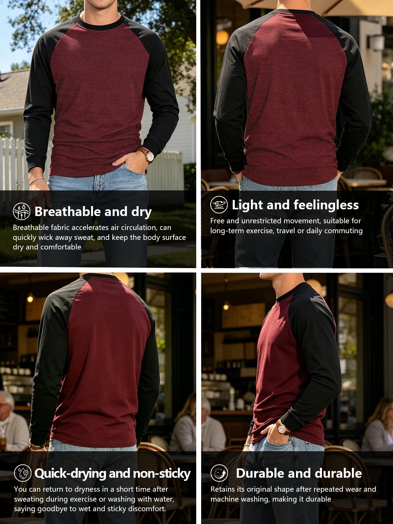 Mens Baseball Shirt Casual Breathable Raglan Long Sleeve Crewneck Patchwork T-Shirt Lightweight Vintage Fitness Sports Tops