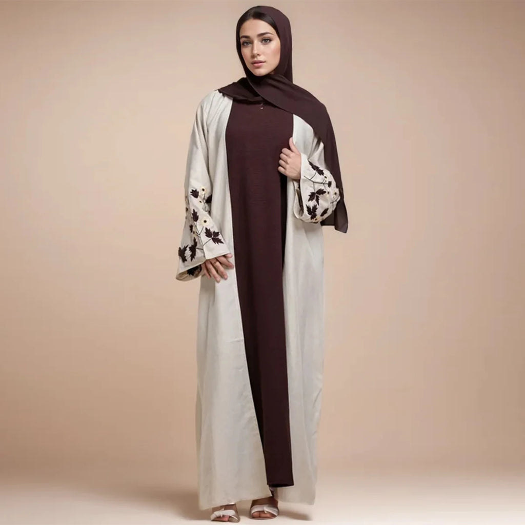 Apricot Color Muslim Abaya Boasting Exquisite Floral Cuff Embroidery Blending Timeless Elegance and Fashion for Ramadan Islamic