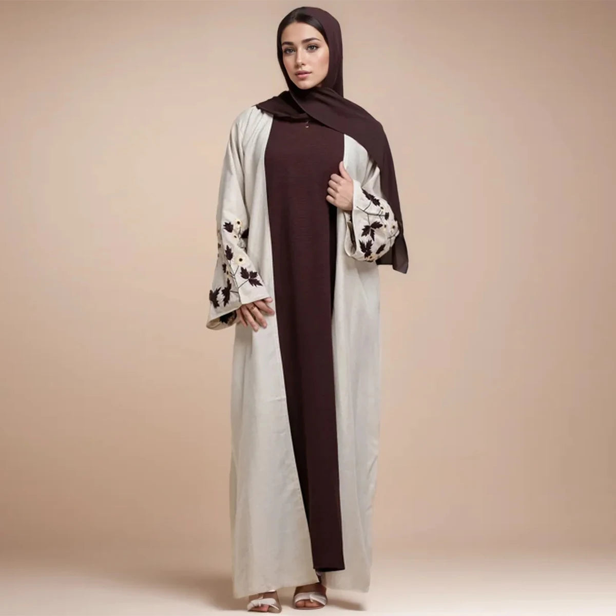 Apricot Color Muslim Abaya Boasting Exquisite Floral Cuff Embroidery Blending Timeless Elegance and Fashion for Ramadan Islamic