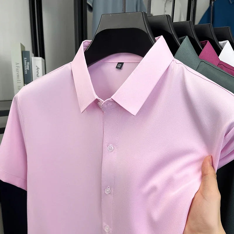 Mens Formal Short Sleeve Shirt Wrinkle Resistant Breathable Tops Slim Fit Button Up Shirts For Men Business Daily Wear Outfits
