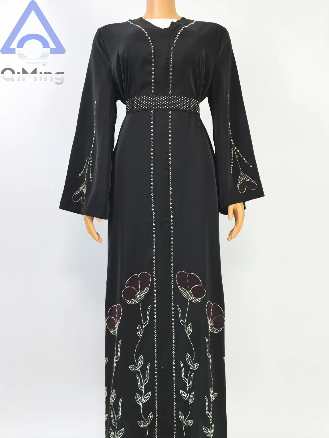 QiMing Luxury Black Muslim Women Abaya Rhinestone Dubai Kaftan Modest Floral Moroccan Jalabiya Belt Elegant Islamic Evening Gown