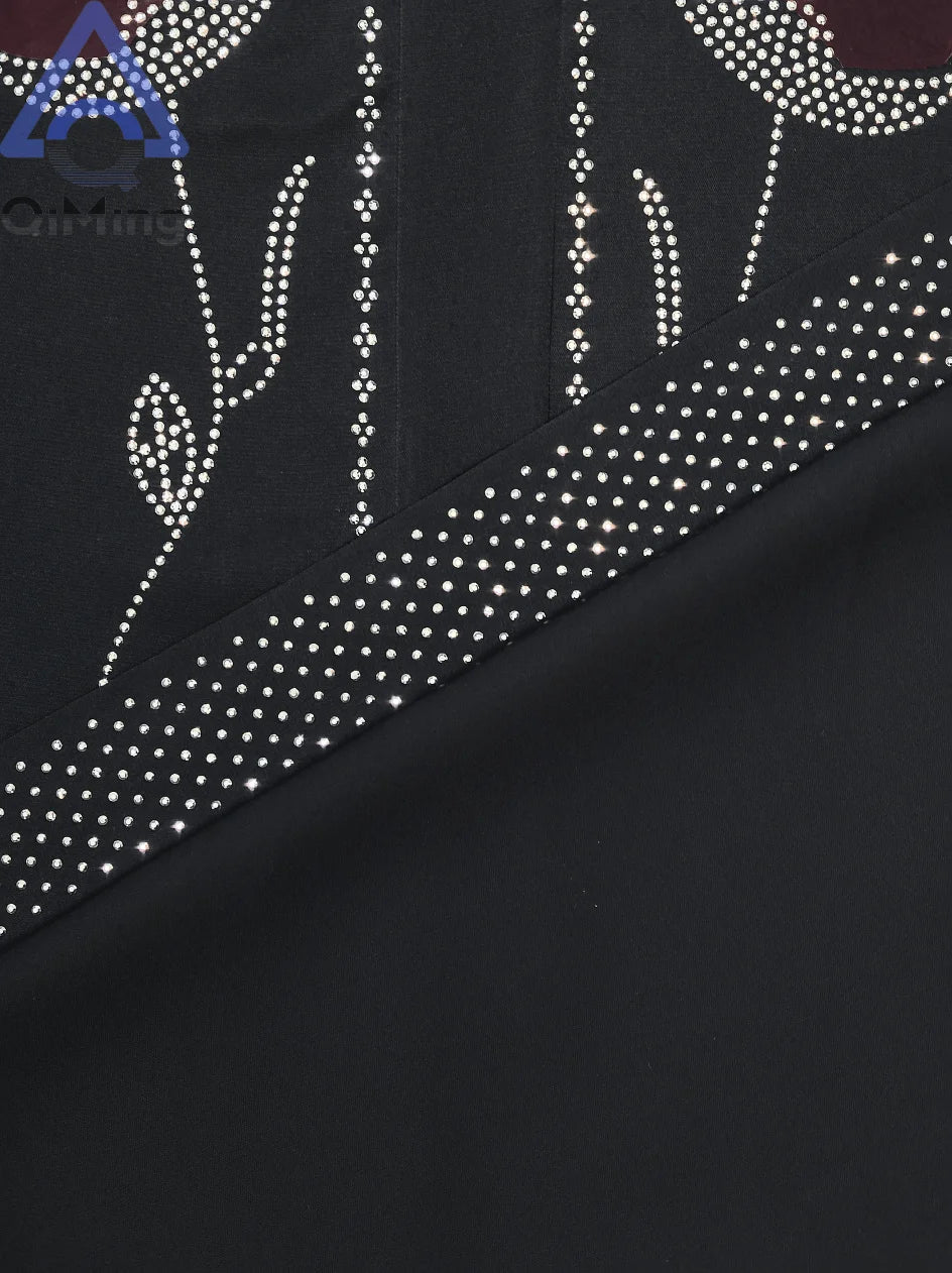 QiMing Luxury Black Muslim Women Abaya Rhinestone Dubai Kaftan Modest Floral Moroccan Jalabiya Belt Elegant Islamic Evening Gown