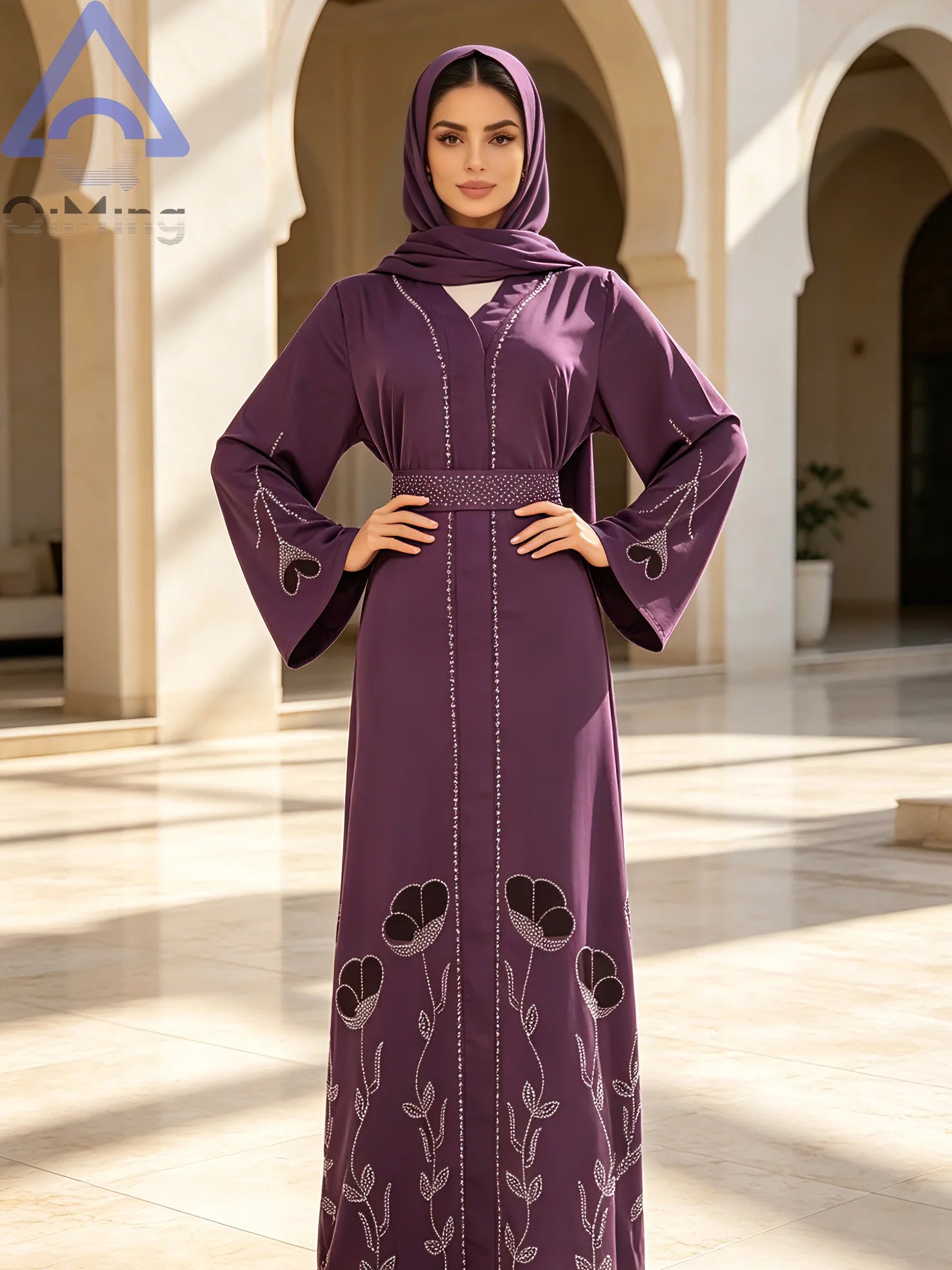 QiMing Luxury Black Muslim Women Abaya Rhinestone Dubai Kaftan Modest Floral Moroccan Jalabiya Belt Elegant Islamic Evening Gown