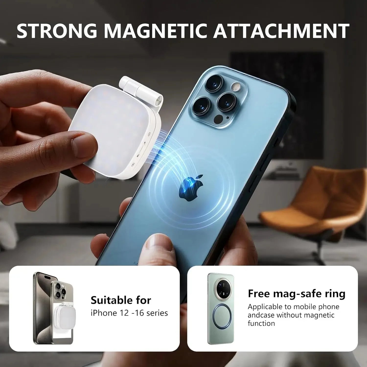 360° LED Ring Fill Light with Mirror for MagSafe iPhone Magnetic Selfie Light Great for Selfies Vlog Video Calls