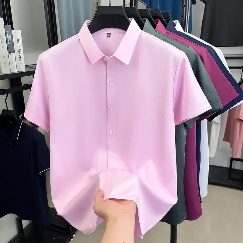 Mens Formal Short Sleeve Shirt Wrinkle Resistant Breathable Tops Slim Fit Button Up Shirts For Men Business Daily Wear Outfits