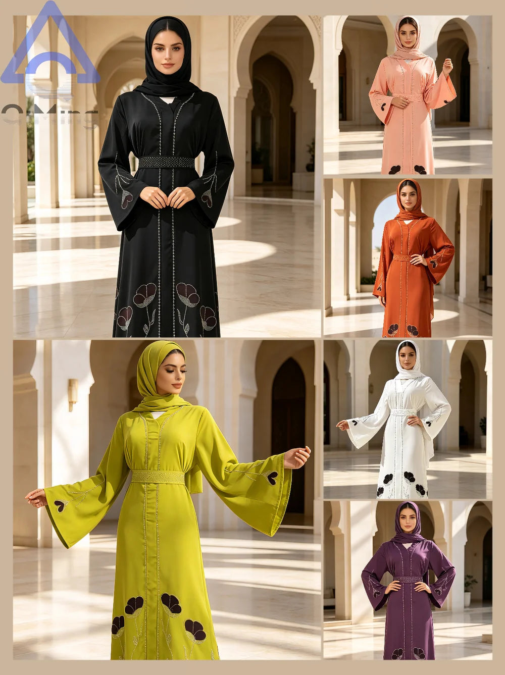 QiMing Luxury Black Muslim Women Abaya Rhinestone Dubai Kaftan Modest Floral Moroccan Jalabiya Belt Elegant Islamic Evening Gown