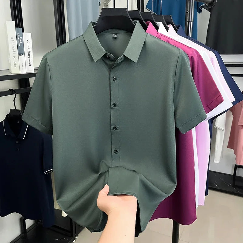Mens Formal Short Sleeve Shirt Wrinkle Resistant Breathable Tops Slim Fit Button Up Shirts For Men Business Daily Wear Outfits