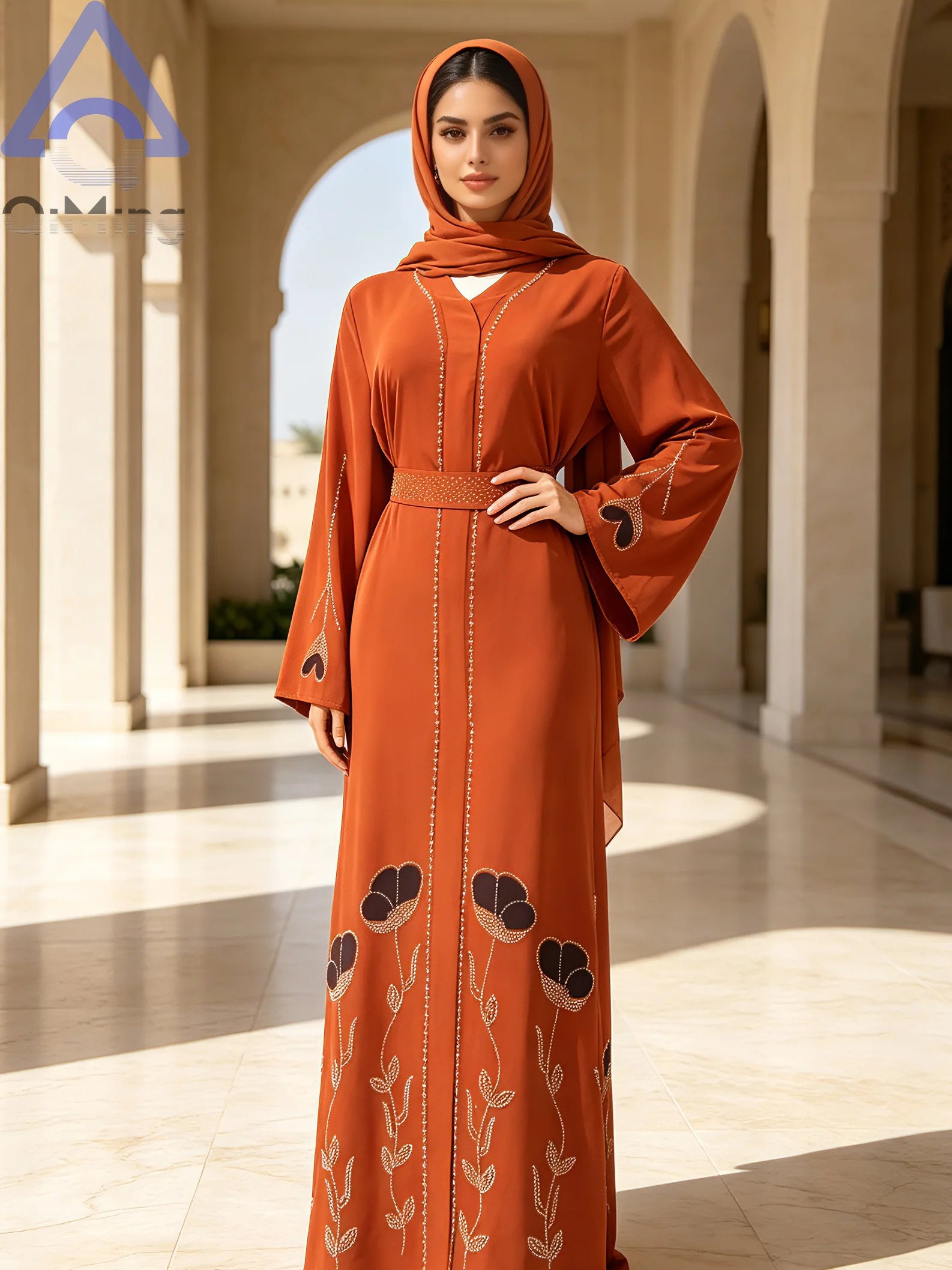 QiMing Luxury Black Muslim Women Abaya Rhinestone Dubai Kaftan Modest Floral Moroccan Jalabiya Belt Elegant Islamic Evening Gown