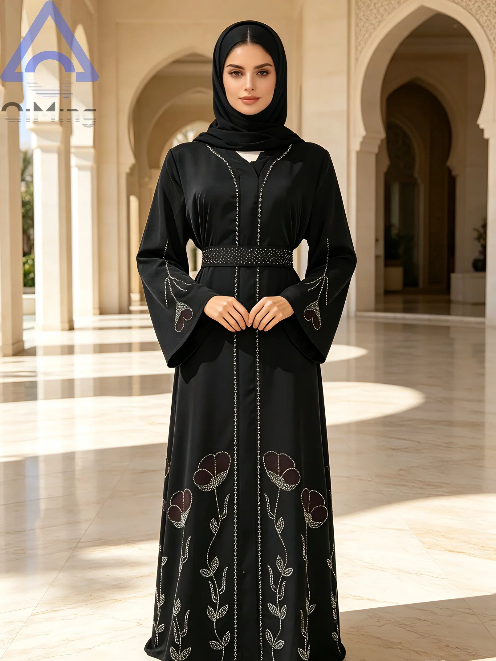 QiMing Luxury Black Muslim Women Abaya Rhinestone Dubai Kaftan Modest Floral Moroccan Jalabiya Belt Elegant Islamic Evening Gown