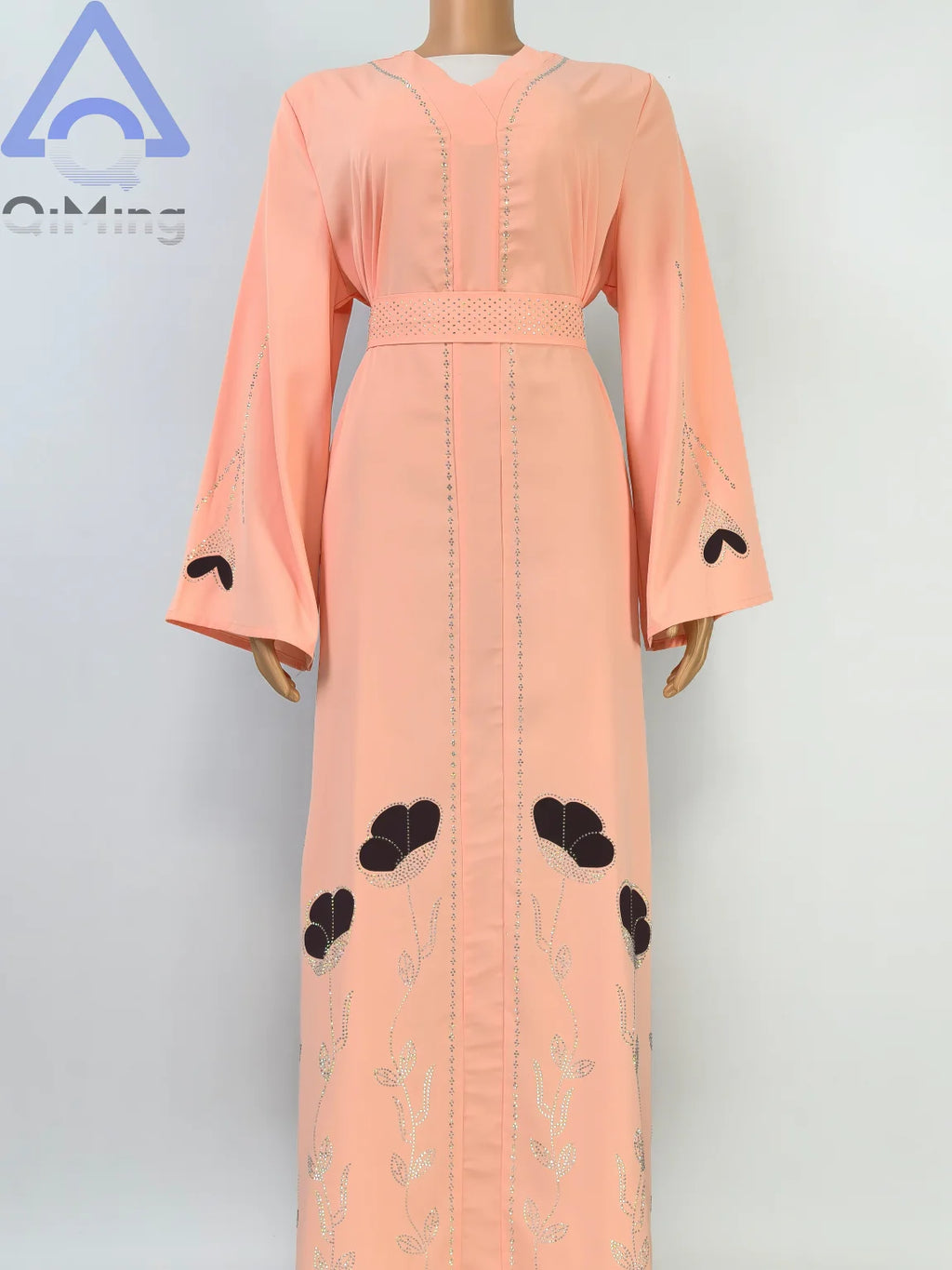 QiMing Luxury Black Muslim Women Abaya Rhinestone Dubai Kaftan Modest Floral Moroccan Jalabiya Belt Elegant Islamic Evening Gown