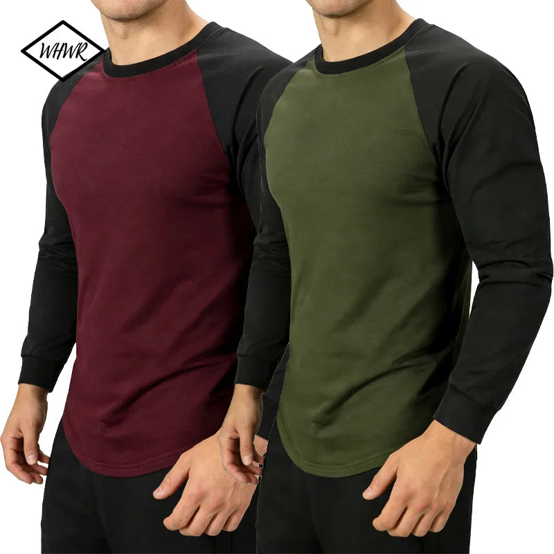 Mens Baseball Shirt Casual Breathable Raglan Long Sleeve Crewneck Patchwork T-Shirt Lightweight Vintage Fitness Sports Tops