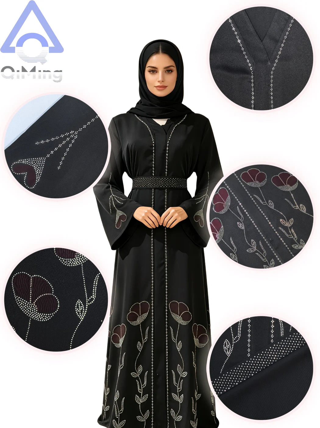 QiMing Luxury Black Muslim Women Abaya Rhinestone Dubai Kaftan Modest Floral Moroccan Jalabiya Belt Elegant Islamic Evening Gown