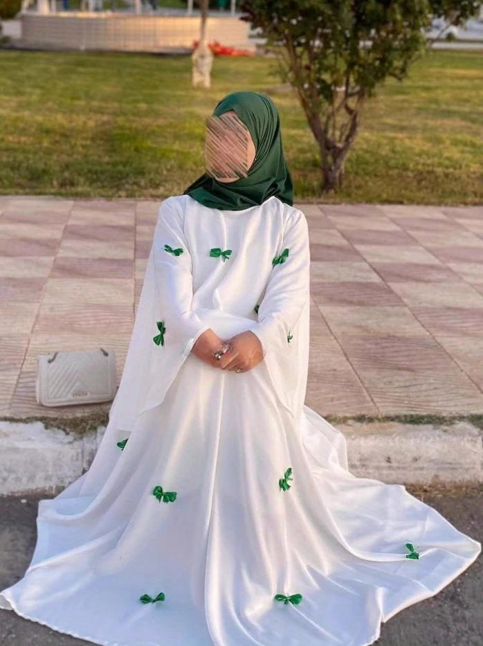 Women Dress Muslim Abaya for Eid Arab Bow Flare Sleeve Long Robe Jalabiya Ramadan Dubai Abayas Kaftan Vestidos Morocco Dresses
