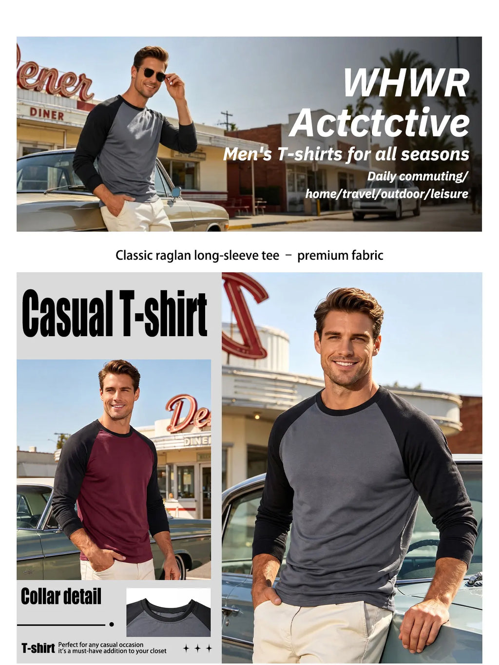 Mens Baseball Shirt Casual Breathable Raglan Long Sleeve Crewneck Patchwork T-Shirt Lightweight Vintage Fitness Sports Tops