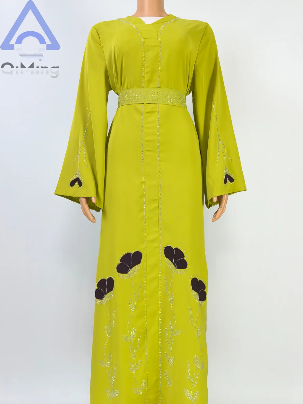QiMing Luxury Black Muslim Women Abaya Rhinestone Dubai Kaftan Modest Floral Moroccan Jalabiya Belt Elegant Islamic Evening Gown
