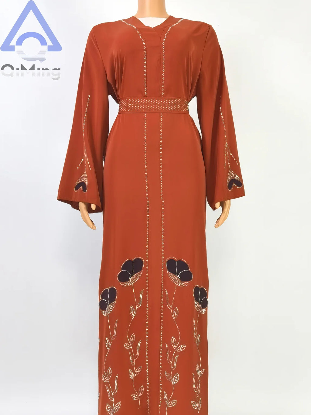 QiMing Luxury Black Muslim Women Abaya Rhinestone Dubai Kaftan Modest Floral Moroccan Jalabiya Belt Elegant Islamic Evening Gown