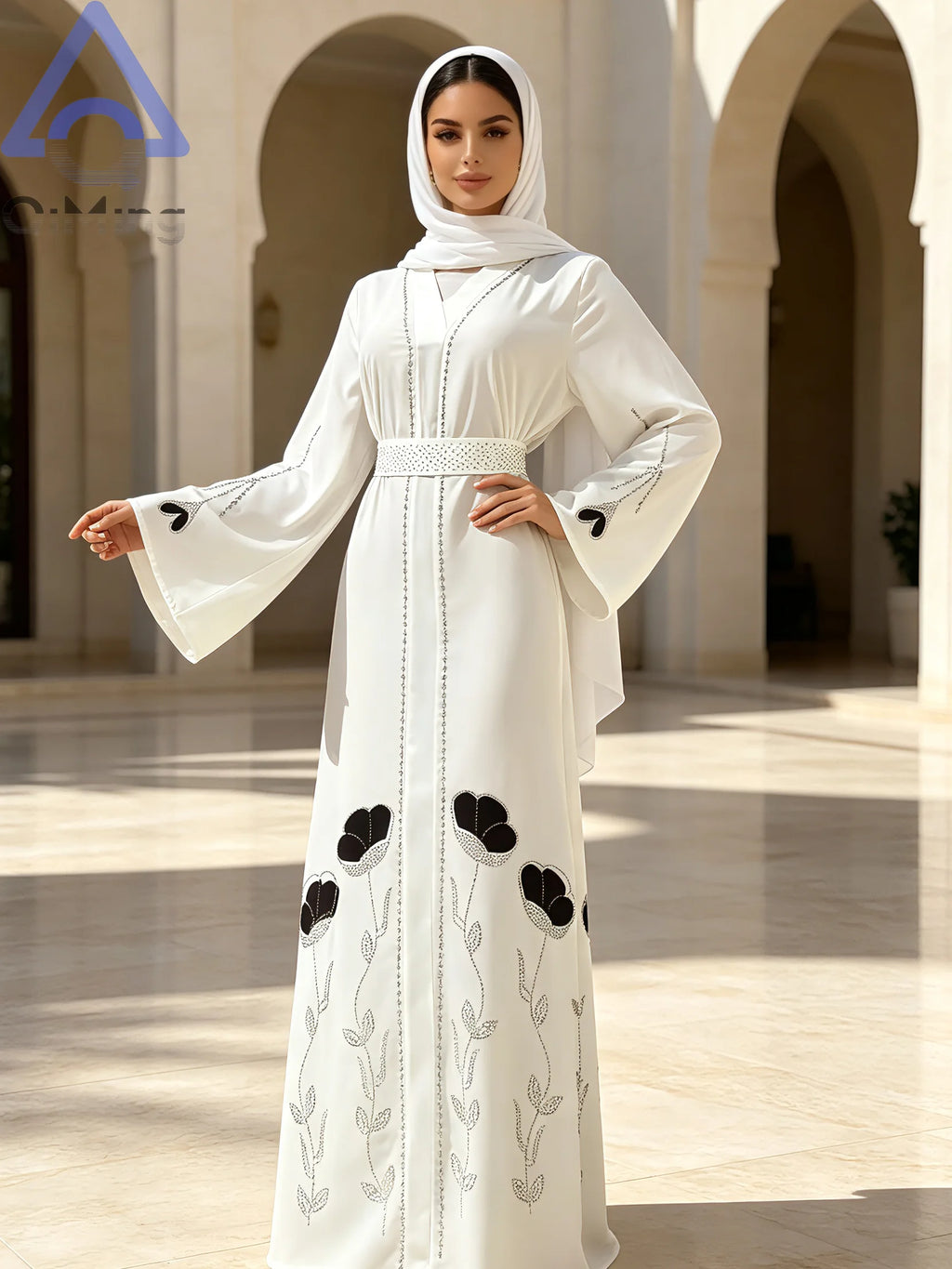 QiMing Luxury Black Muslim Women Abaya Rhinestone Dubai Kaftan Modest Floral Moroccan Jalabiya Belt Elegant Islamic Evening Gown