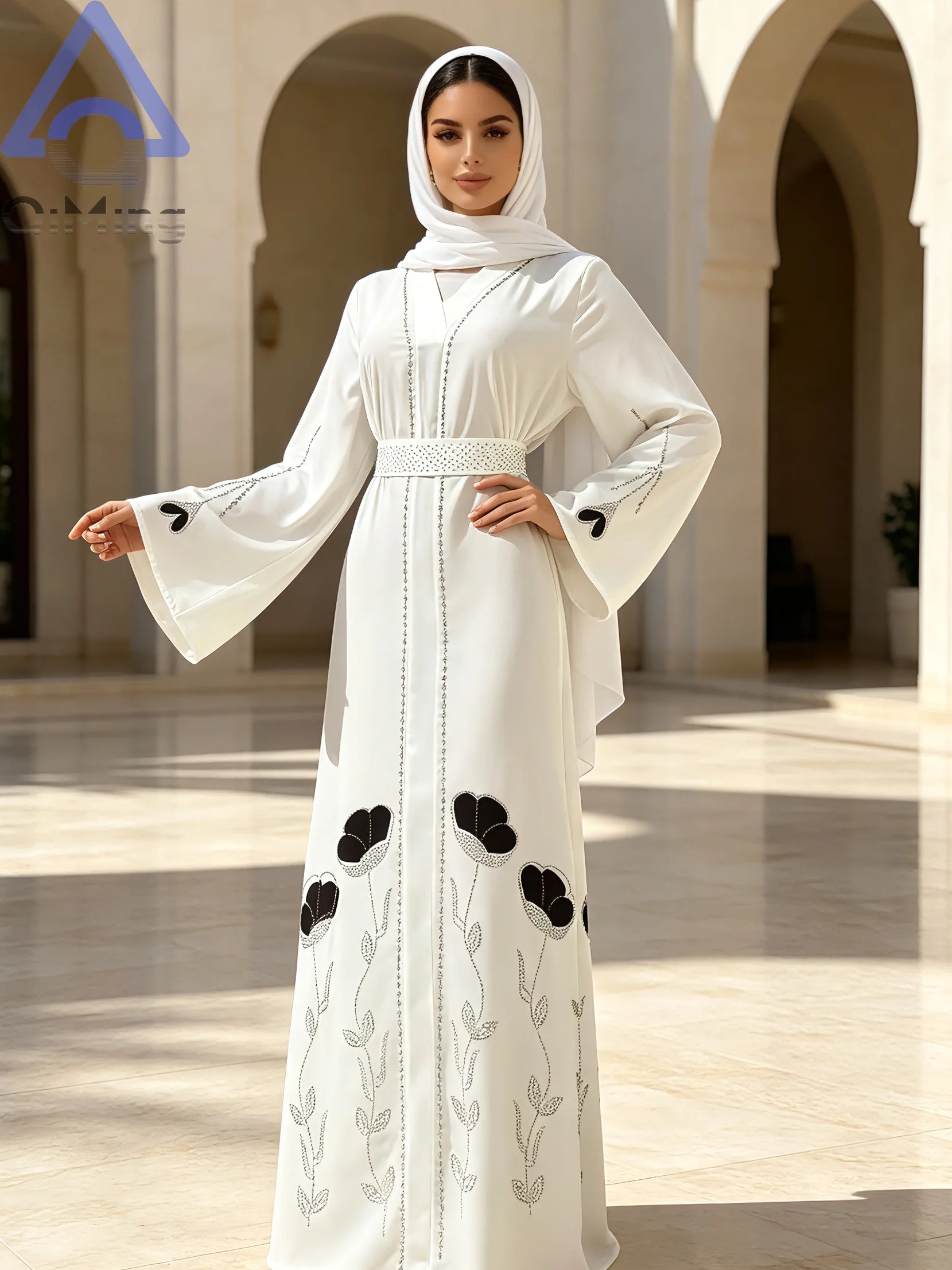 QiMing Luxury Black Muslim Women Abaya Rhinestone Dubai Kaftan Modest Floral Moroccan Jalabiya Belt Elegant Islamic Evening Gown
