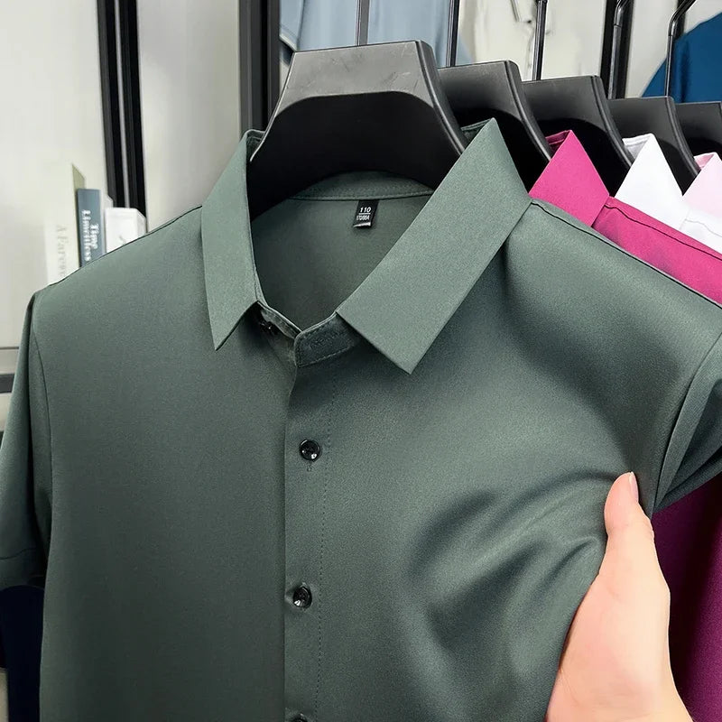 Mens Formal Short Sleeve Shirt Wrinkle Resistant Breathable Tops Slim Fit Button Up Shirts For Men Business Daily Wear Outfits