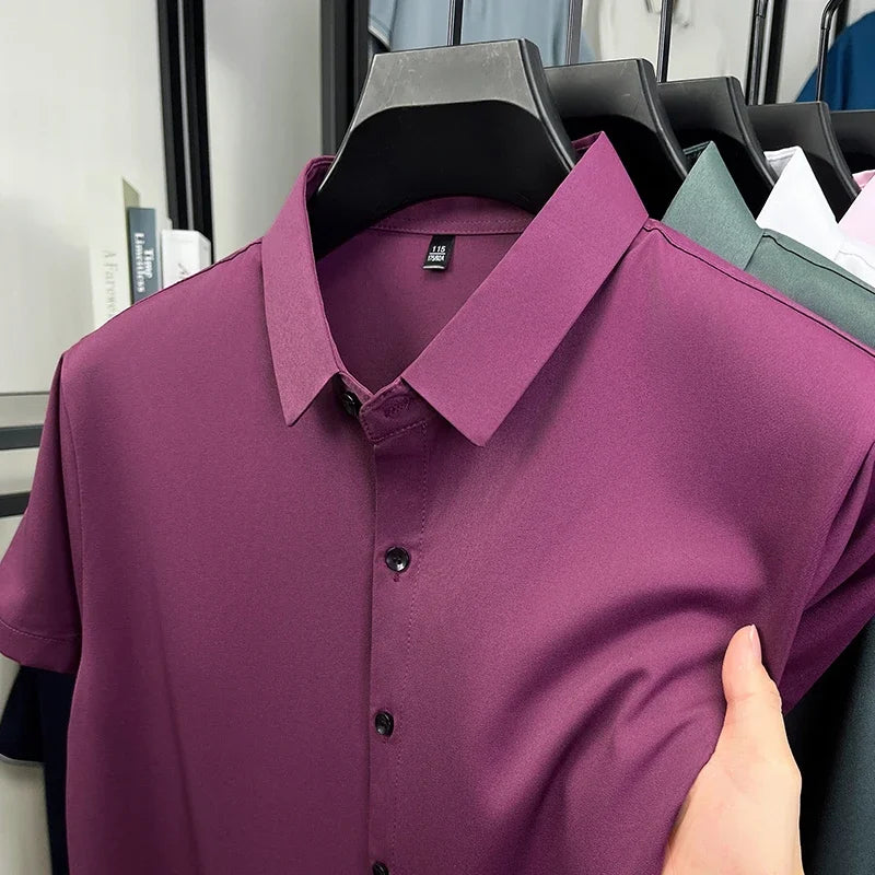 Mens Formal Short Sleeve Shirt Wrinkle Resistant Breathable Tops Slim Fit Button Up Shirts For Men Business Daily Wear Outfits