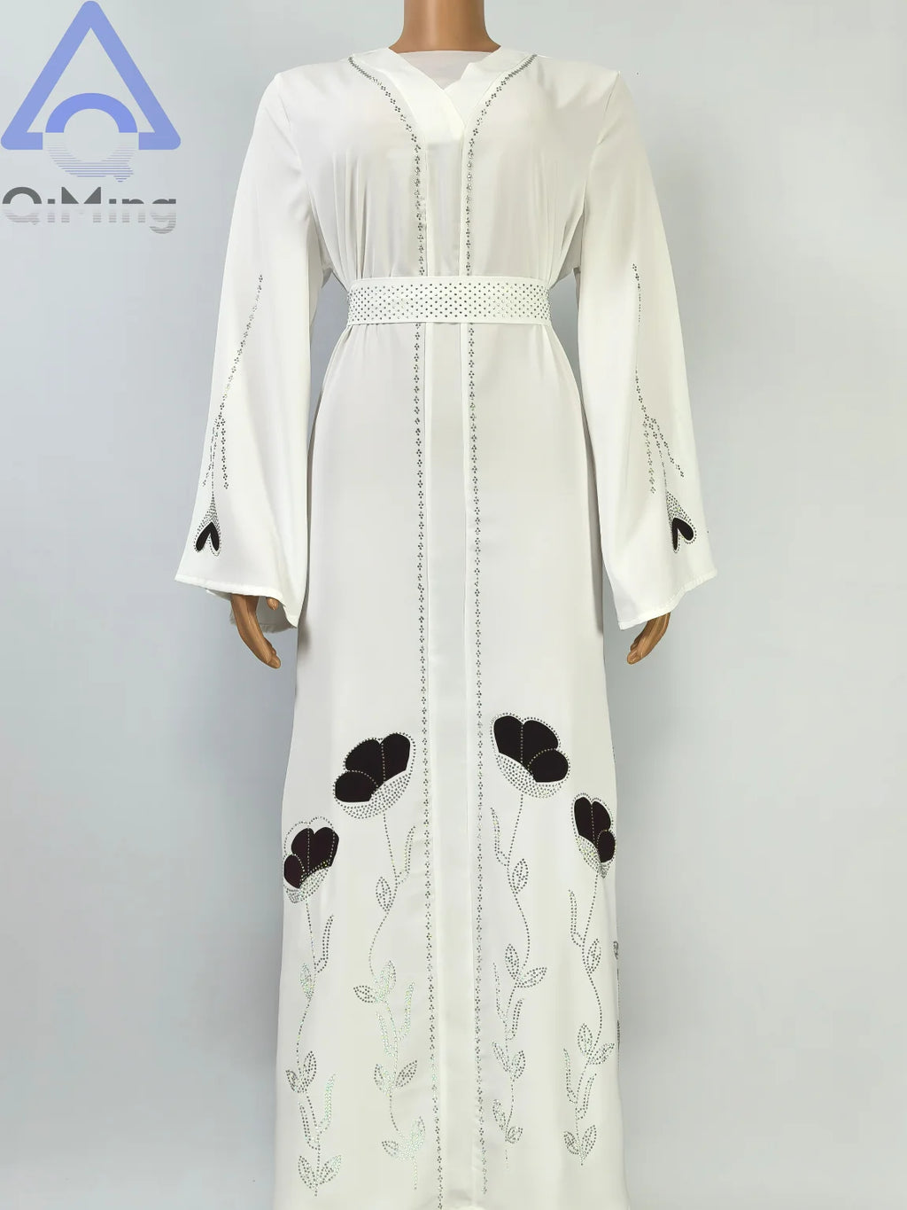 QiMing Luxury Black Muslim Women Abaya Rhinestone Dubai Kaftan Modest Floral Moroccan Jalabiya Belt Elegant Islamic Evening Gown