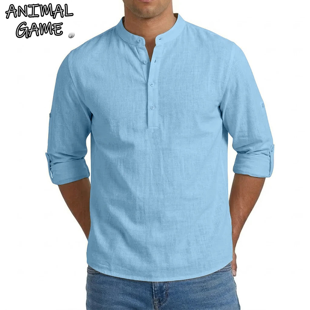 Mens Linen Shirt Luxury Casual Shirts for Men Long Sleeve Henley T-Shirts Summer Beach Hawaiian Shirt Gym Man Cotton Tshirts