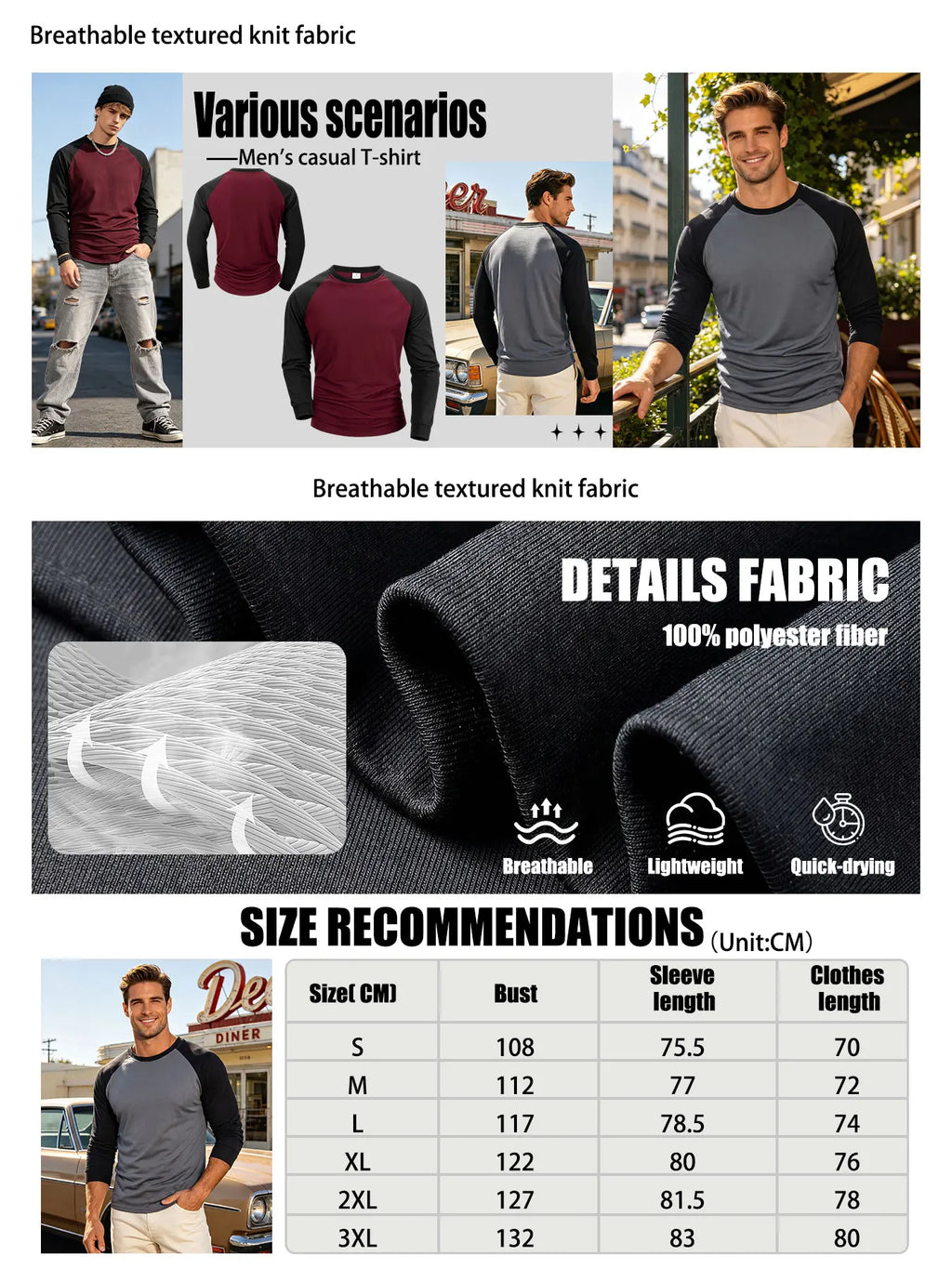 Mens Baseball Shirt Casual Breathable Raglan Long Sleeve Crewneck Patchwork T-Shirt Lightweight Vintage Fitness Sports Tops