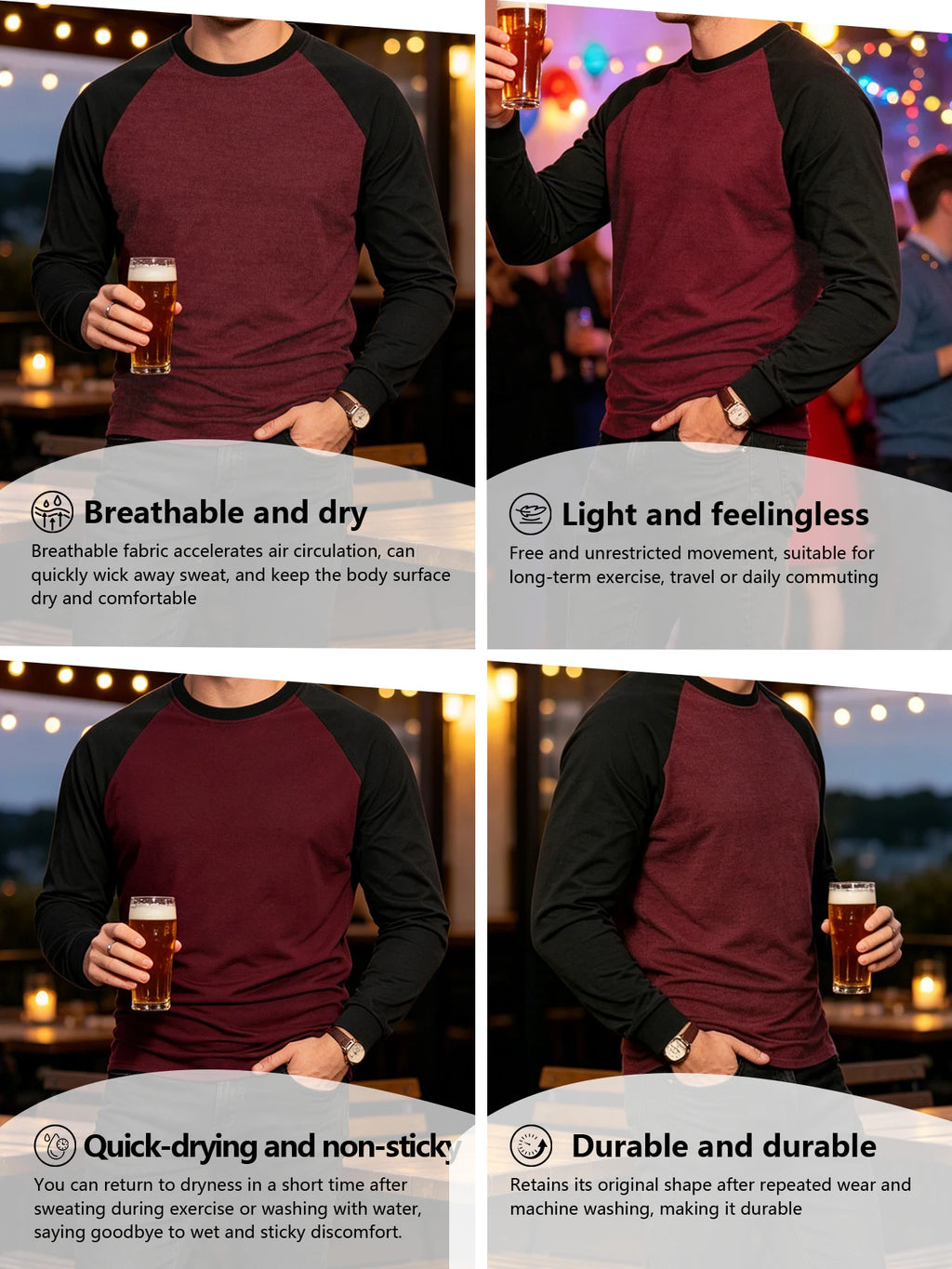Mens Baseball Shirt Casual Breathable Raglan Long Sleeve Crewneck Patchwork T-Shirt Lightweight Vintage Fitness Sports Tops