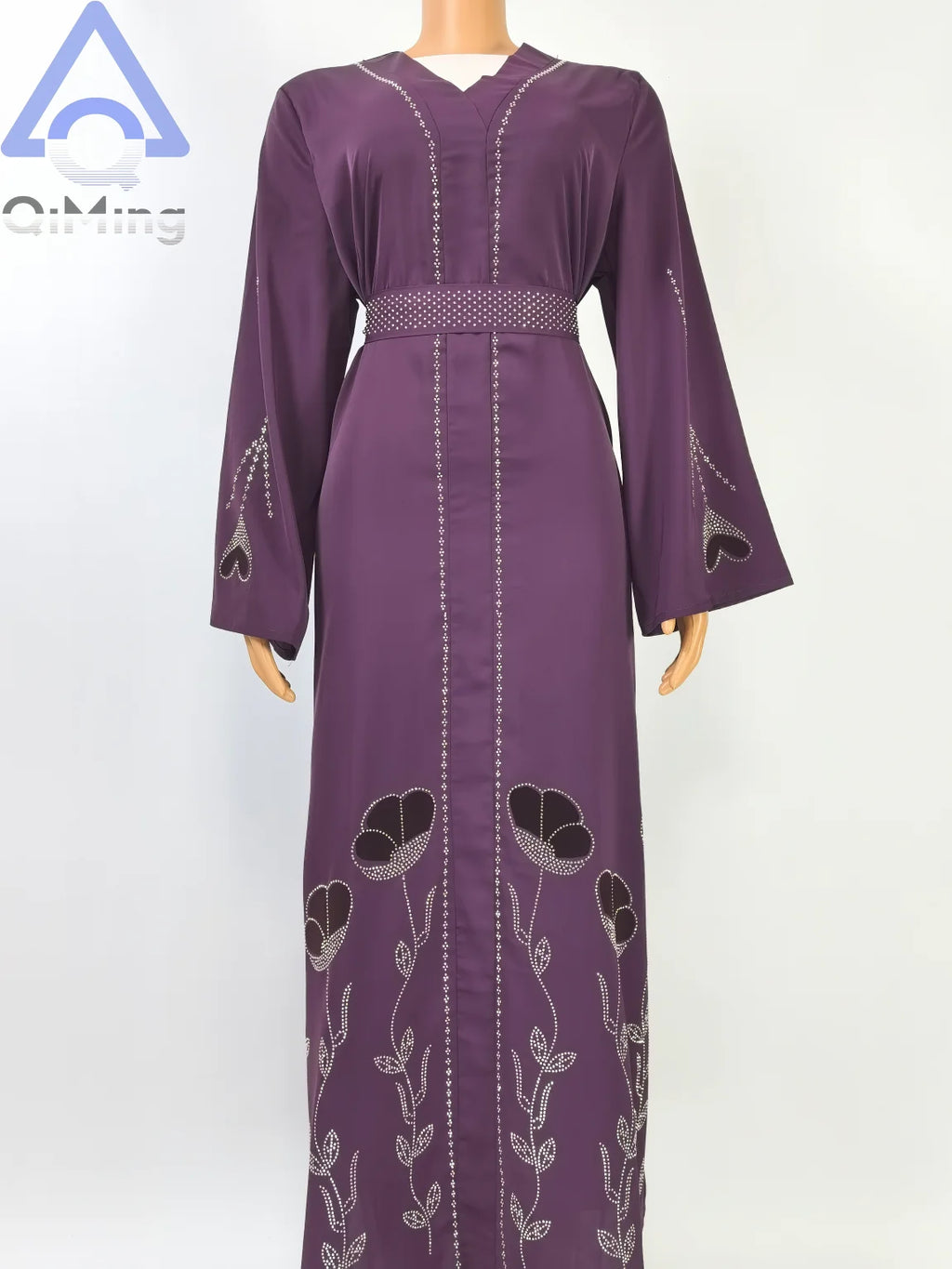 QiMing Luxury Black Muslim Women Abaya Rhinestone Dubai Kaftan Modest Floral Moroccan Jalabiya Belt Elegant Islamic Evening Gown