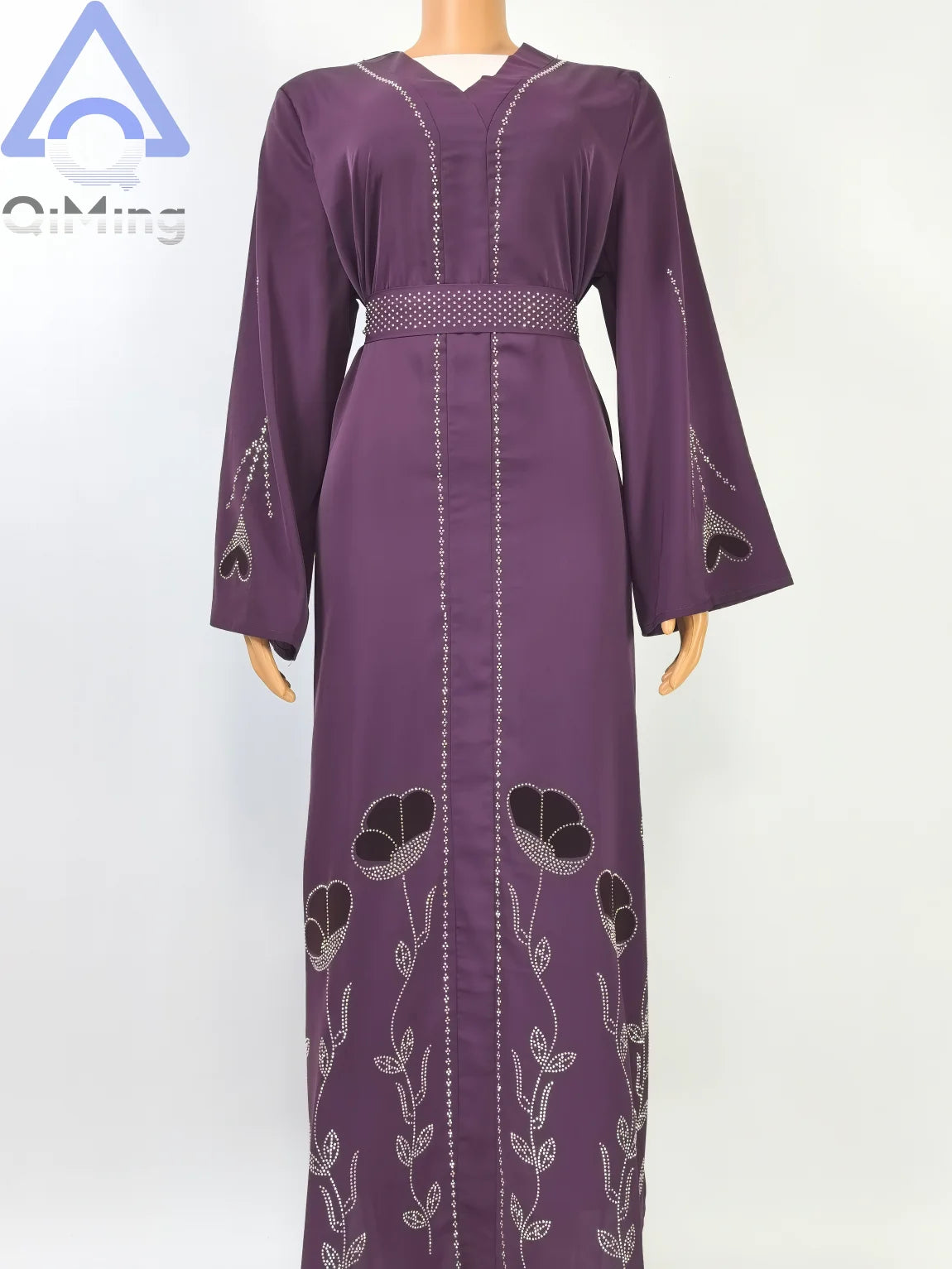 QiMing Luxury Black Muslim Women Abaya Rhinestone Dubai Kaftan Modest Floral Moroccan Jalabiya Belt Elegant Islamic Evening Gown