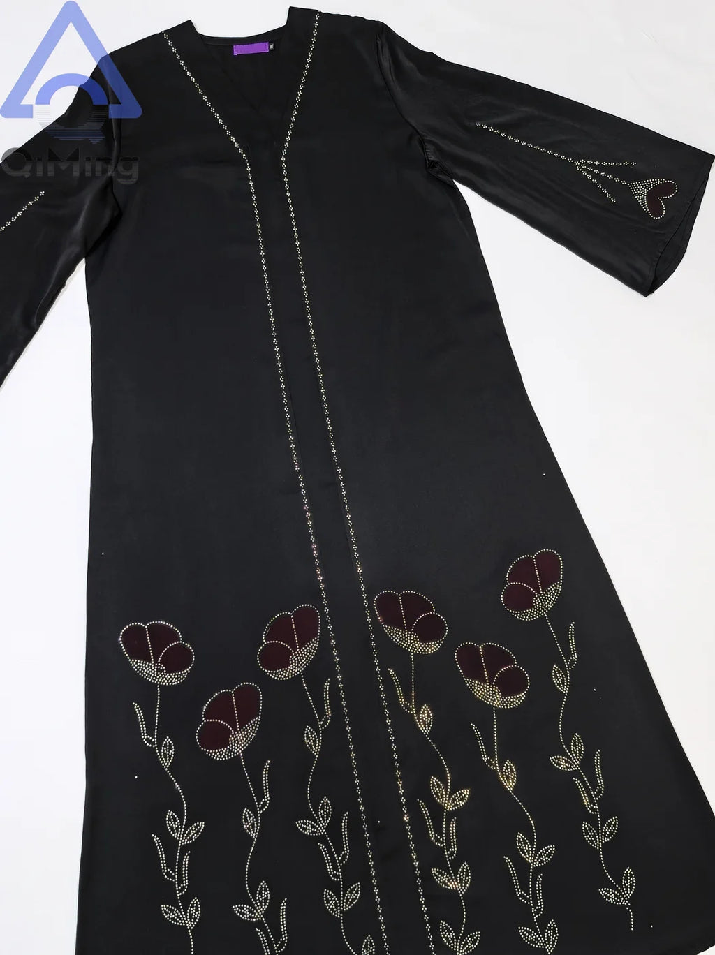 QiMing Luxury Black Muslim Women Abaya Rhinestone Dubai Kaftan Modest Floral Moroccan Jalabiya Belt Elegant Islamic Evening Gown