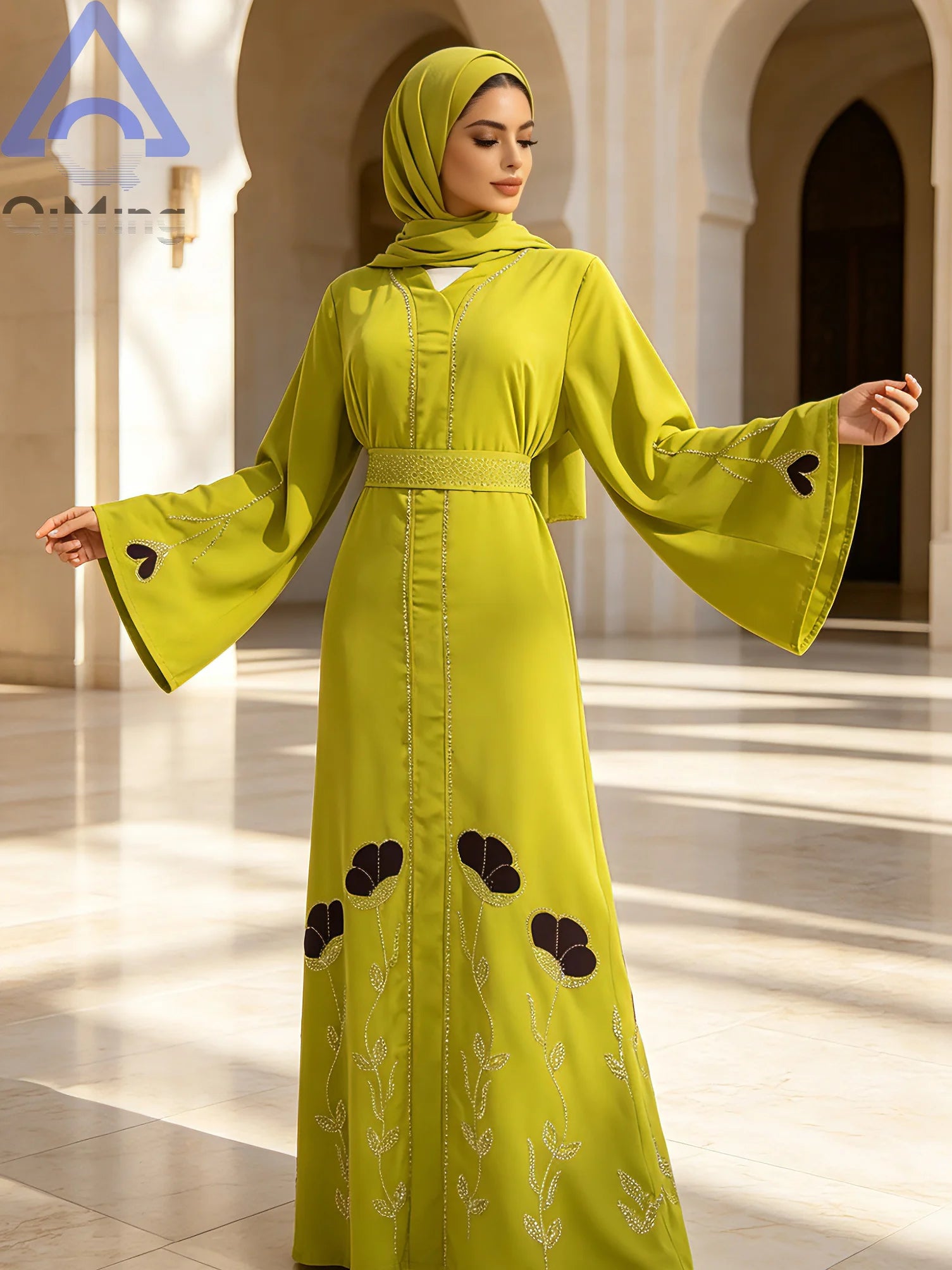 QiMing Luxury Black Muslim Women Abaya Rhinestone Dubai Kaftan Modest Floral Moroccan Jalabiya Belt Elegant Islamic Evening Gown