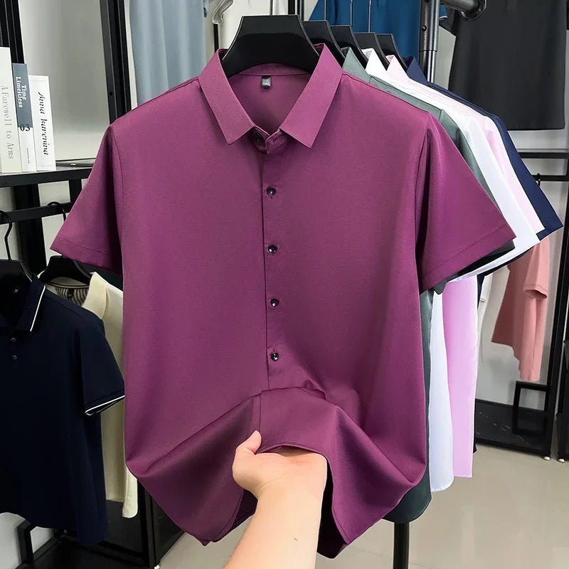 Mens Formal Short Sleeve Shirt Wrinkle Resistant Breathable Tops Slim Fit Button Up Shirts For Men Business Daily Wear Outfits